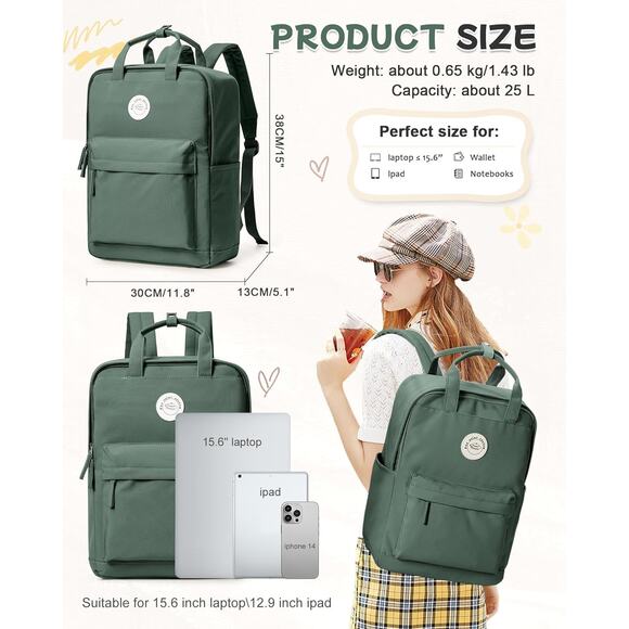 Green Nylon Small Backpack with Top Handles – Lightweight School & Travel Bag - Picture 6 of 6